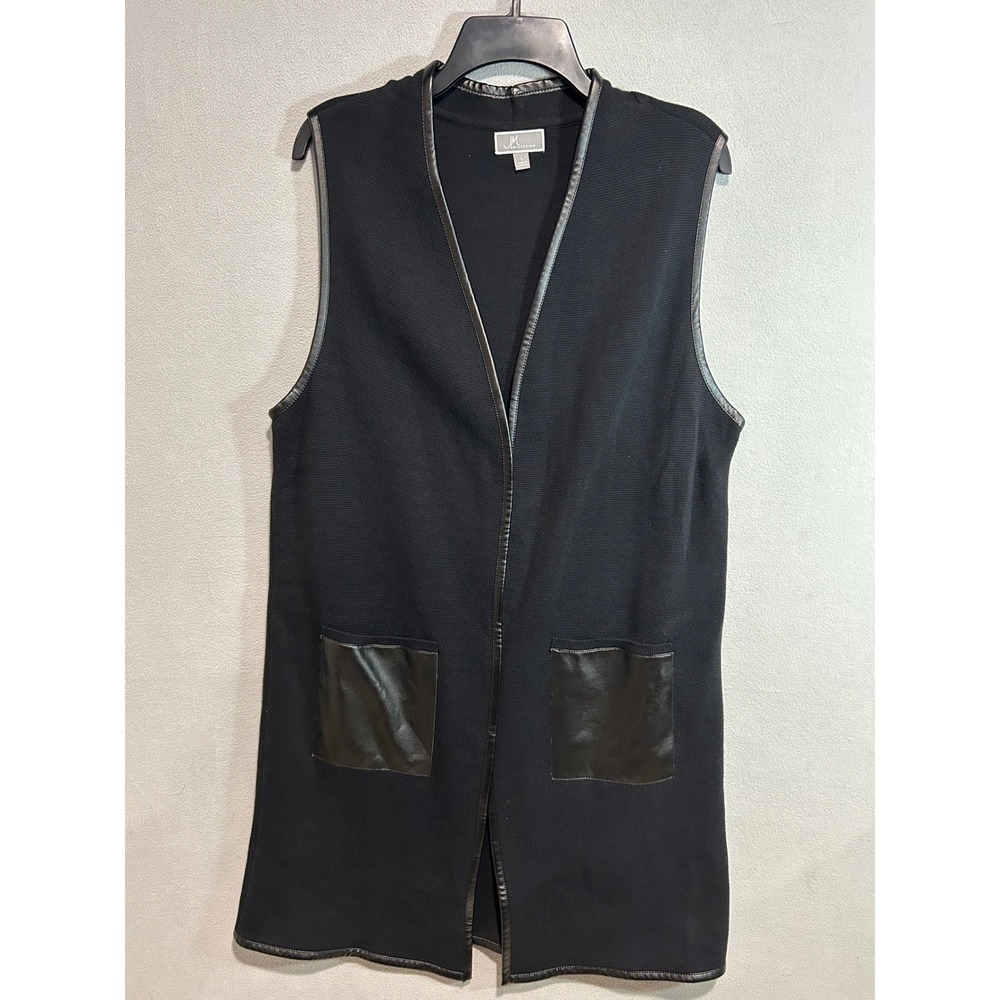 Womens Black Textured Longline Vest Large Faux Leather Trim Pockets Goth Edgy